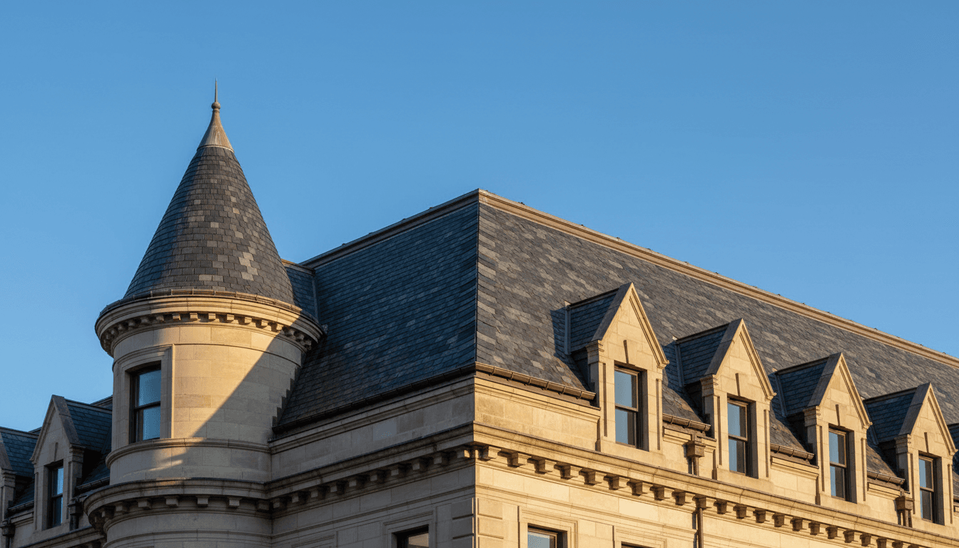 Toiture en tuiles brunes d'une maison bruxelloise à Uccle, charpente et ravalement de façade en pierre, lumière du matin, photographie architecturale réaliste